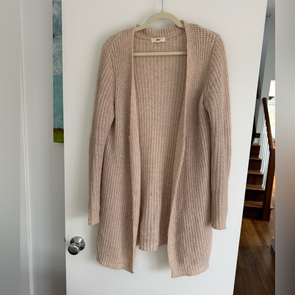 Alpaca Blend Open Front Ribbed Duster Cardigan - Beige